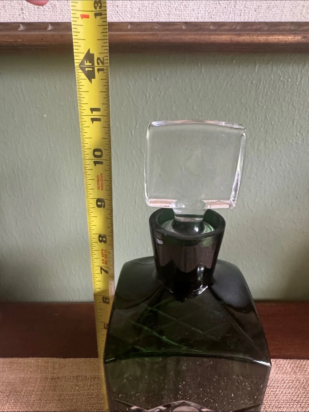 World Market Green Cut Glass Decanter Square Stopper MCM Style Barware”